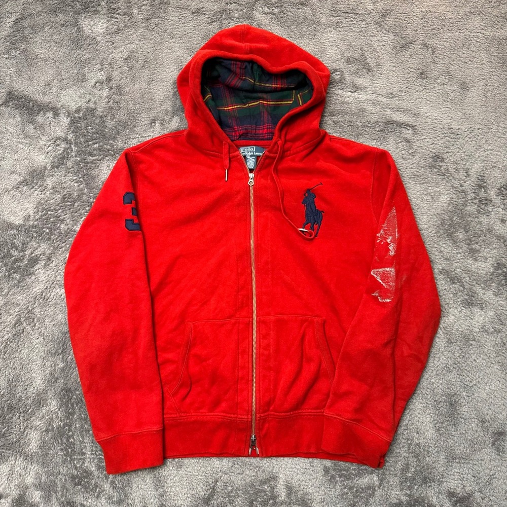 Polo Ralph Lauren Red Big Pony Full Zip Hoodie Plaid Hood Lining Mens XXL